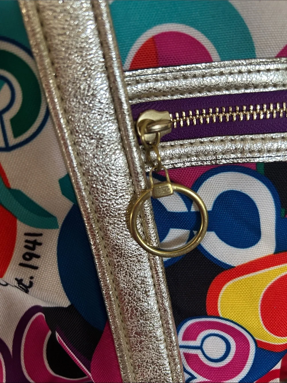 Coach Multicolor Signature Circle Tote with Gold Trim